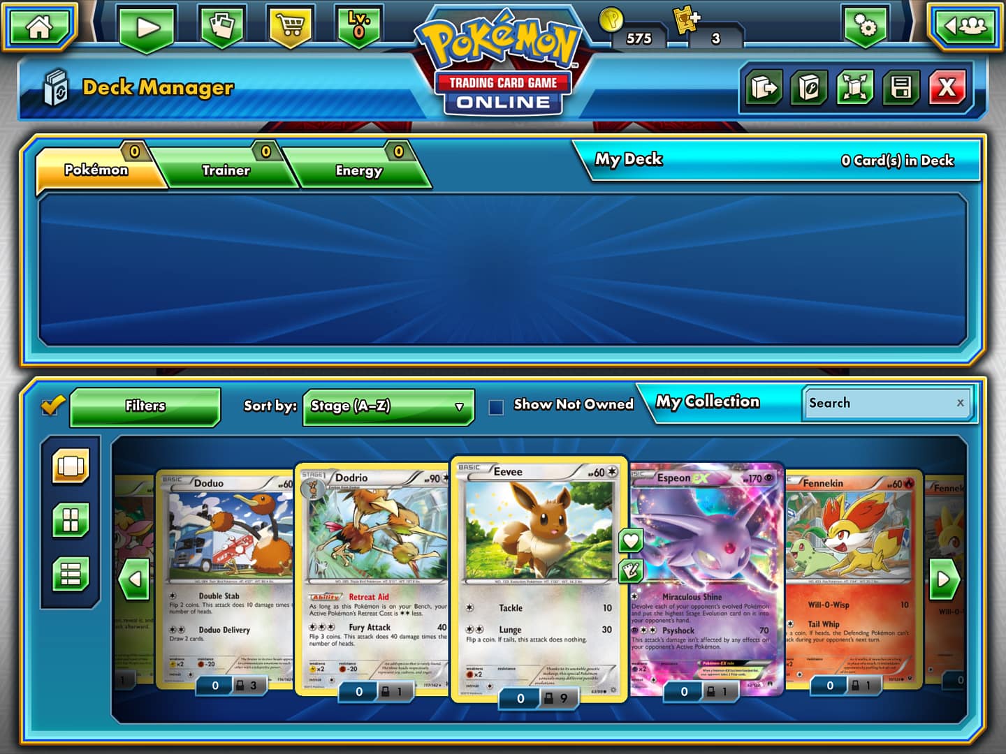 Pokemon TCG Online Stage (A-Z) Deck Filter in action